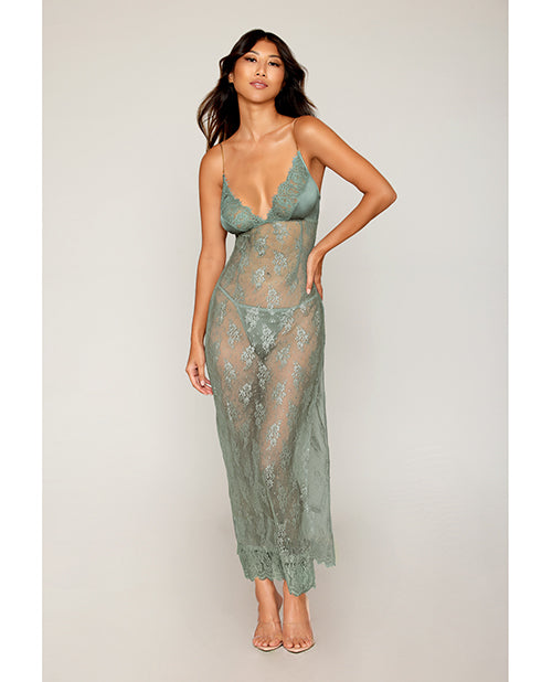Satin & Lace Long Chemise & G-String - Sage Green Small