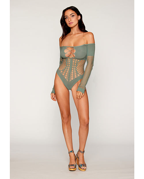 Long Sleeve Seamless Teddy with Halter Chain Sage Green O/S