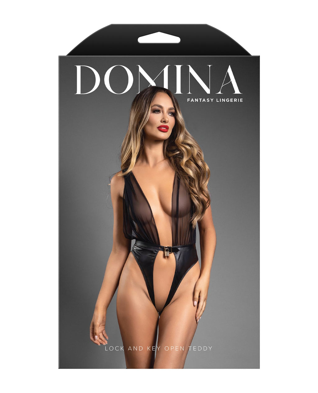 Domina Plunge Front Teddy with Lock & Key Black S/M